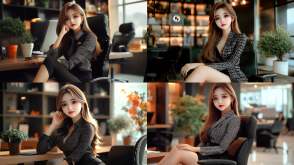 漂亮的青年女性，穿着时尚的黑白花纹服装，坐在办公室里，高跟鞋，长发，优雅的办公环境，绿植盆景身材比例完美
