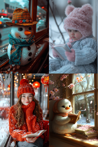 下雪天，梅花枝头旁，窗户上坐着一个戴雷锋帽的雪人，拿着一本书在阅读，书中有落花，认真专注。