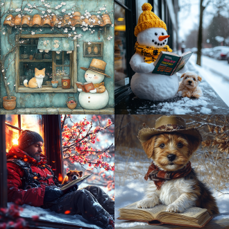 下雪天，梅花枝头旁，窗户上坐着一个戴牛仔帽的雪人，拿着一本书在阅读，书中趴着一只可爱小狗，认真专注。