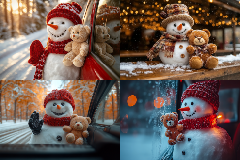 下雪天，车窗外趴着一个雪人，手里牵着一只毛绒玩具熊，微笑着向车内挥手打招呼，车内司机第一视角近距离拍摄自己的车窗。