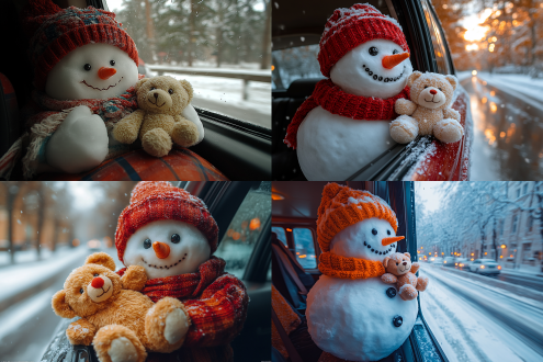 下雪天，车窗外趴着一个雪人，手里牵着一只毛绒玩具熊，微笑着向车内挥手打招呼，车内司机第一视角近距离拍摄自己的车窗。