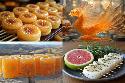 中国传统民间甜品小吃，精美的手艺，热糖胶浇出来冷却凝固的金孔雀糖片，镂空的设计，简洁生动，薄如冰片，阳光下晶莹剔透，用竹签固定。