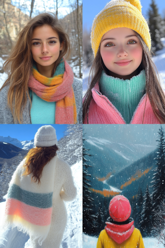 穿运动服戴围巾女子，三分法构图，户外雪景，清新风格，长焦镜头，自然光，站立姿态，围巾飘动，冷色调，恬静。