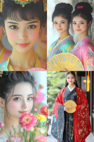 双胞胎古装汉服美人，对称构图，古典园林景，工笔画风格，长焦镜头，自然光，浅笑，手持团扇，淡雅色彩，温婉。