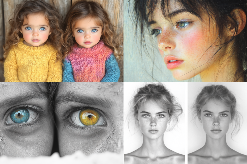 双胞胎姐妹黑白与彩色照片对比，左右并列布局，室内环境，定焦镜头，黑白照颗粒感强，彩色照色彩鲜艳，自然光，安静，纯真。