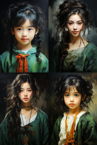 inspired by tang yin, oil pastel, smiling girl, wearing a kurta, girl with black hair, as real person, a green, earings,