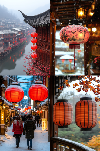 大雪纷飞的中国古建筑屋檐下，两个红色灯笼，夜景，梅花枝错落有致，仰视，梦幻的温暖喜庆吉祥氛围