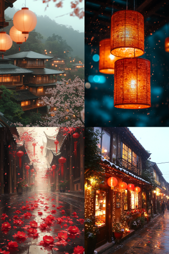 中国古建筑屋檐下，大雪纷飞夜景，红灯笼高悬，梅花枝错落，仰视构图，暖色调，长焦镜头，柔光灯，静谧，梦幻温暖喜庆吉祥。