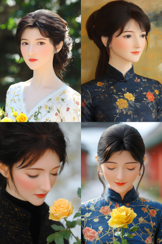 穿旗袍的贵妇人闻黄玫瑰花，半身构图，古典园林中，柔和色调，长焦镜头，侧逆光，特写，优雅，羞涩，黄色元素。