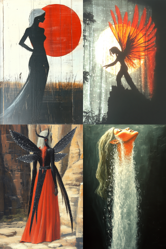 月光下仙人倒泉变女神，三分构图，神秘氛围，沙漠环境，长焦镜头，侧逆光，静止动作，泉水女神元素，梦幻色彩，神奇情绪，埃及壁画风格。