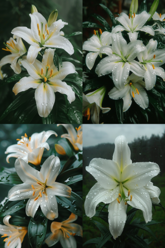 百合花在月光下圣洁优雅，露珠晶莹欲滴，居中构图，静谧花园中，冷色调，长焦镜头，逆光，特写，纯净，宁静。