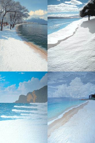 白色沙滩上的冰雪，天边的蓝天白云，梦幻神奇