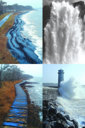 海边栈道的潮水拍打着堤坝，台风卷起千丈高的白色浪花，破碎细小的水珠