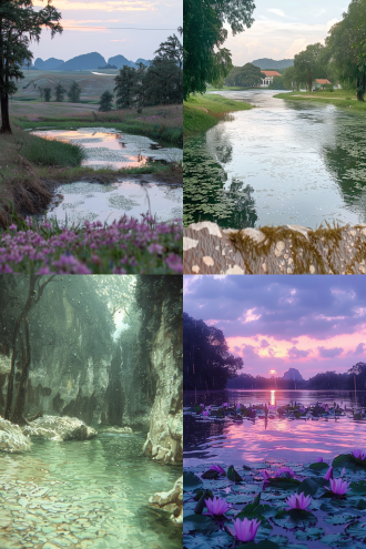 天边残留淡淡的日落余晖，阴雨绵绵，清澈的江边，石山上长满的树木和野草，绿水青山的倒影，宁静，清新的空气