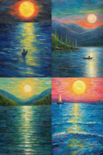 inspired by albert bierstadt, big moon above the water, pastel simple art, oddly shimmering, dry brushing, skyrim art, card, lake baikal in the background, first draft, starlit, inspired by robert william vonnoh, bubbly scenery, painitng, crayon drawing, miniature, inspired by pavel filonov