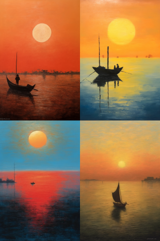 油彩蜡笔绘，梦幻日出，私人收藏，海面之上，孟加拉艺术学派，极简绘画，局外人艺术，13岁创作，傍晚阳光，日暮时分，马纳拉，深夜，暖色调，远景镜头，柔和光，宁静。