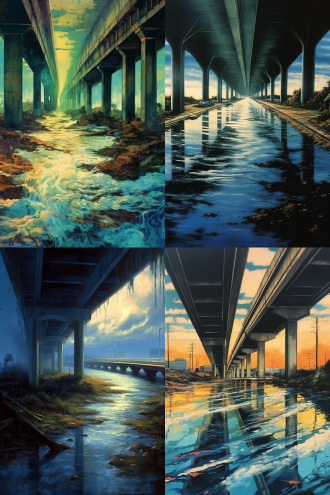 painting of flood waters, ocean in distance, copyright tsr 1989, overpass, slightly dark colors, grabado