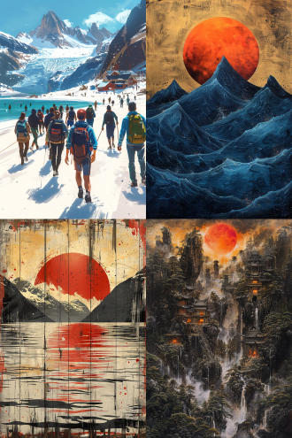 受尼古拉·阿斯楚普与凯拉什·钱德拉·梅赫尔启发，红太阳作背景，冰原冰川，国画风格，调色板，70年代复古风，未完成，暗哑色调，暖色，夏日，儿童画风格。