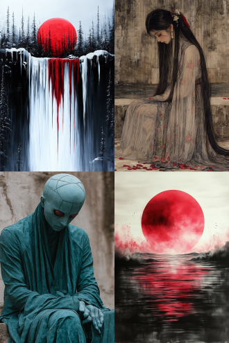 inspired by nikolai astrup, red sun in the background, icy glaciers, chinese painting style, pallet, 7 0 s vintage art, froz, inspired by kailash chandra meher, model painting, dark and dull palette, mate painting, unfinished, very old, white red, warm color, in summer, based on child's drawing