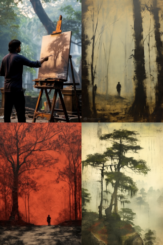 受阿尔伯特·比尔施塔特、费尔南多·阿莫罗斯洛、亚历山大·纳斯米思启发，孟加拉画派风格，低画质，自然主义技法，背景有树，喷绘，画架，远处孤独剪影，旋转，细节精致度3，蚀刻。