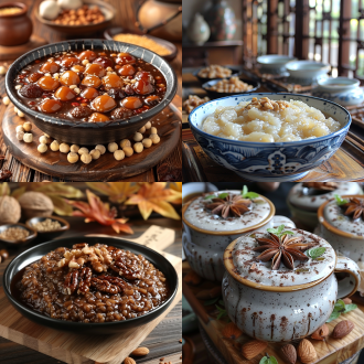 一碗腊八粥，中国传统节日美食，五谷杂粮搭配各种干果熬制的甜品，精美的餐具，古色古香，温暖，测光，特写镜头