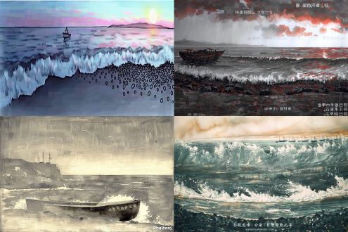 海边风景水墨画，三分构图，海浪冲向沙滩，沙滩礁石错落，海有船与礁石，夕阳余晖波光闪，广角镜头，侧光，暖色调，宁静。