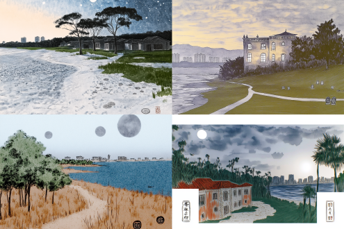 月夜草坪，泥沙小路蜿蜒伸向大海，地平线有树木建筑，右下角题词落款盖章，全景构图，冷色调，长焦镜头，月光照明，静谧。