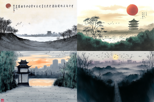 海边的风景水墨画，观景平台的视角看远方的山和树木，题词，清晨的朝阳，波光粼粼的海浪，海鸟