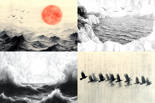 海边风景水墨画，全景构图，观景平台视角，远方山峦树木，有题词，朝阳初升，海浪波光粼粼，海鸟翱翔，淡彩，散点透视，宁静。