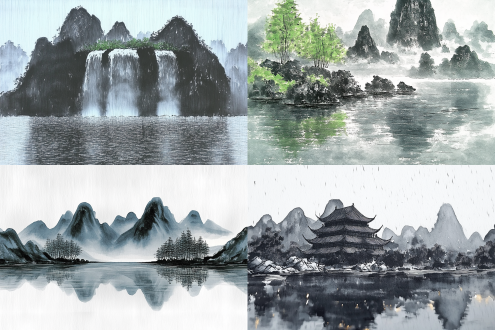 中国风的绿水青山，雨雾濛濛，宛如仙境，波光粼粼的倒影，水墨风景画，清新淡雅，自然古朴，题词