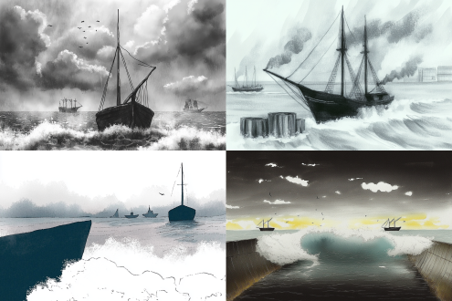 海上风景水墨画，小船上的视角看远方的海平面，航船，风起云涌，船边的海浪白色浪花，海鸟，动感，神秘，震撼，壮观，深不可测的大海无边无际，大自然的力量