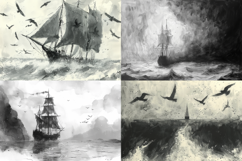 海上风景水墨画，三分构图，风起云涌海面，航船在远方，船边白浪，海鸟翱翔，冷色调，长焦镜头，侧光，动感强烈，神秘壮观，展现自然力量。