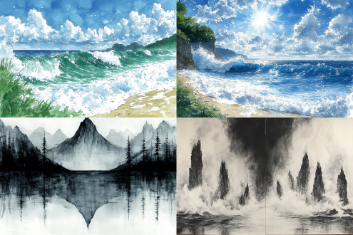 蓝天白云大海，变幻莫测的云，倒影，风景水墨画，浪潮不断涌向岸边，白色浪花，动感开阔