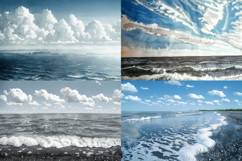 蓝天白云大海，三分构图，水墨画风格，远景，广角镜头，自然光，浪潮涌动，白色浪花，开阔视野，色彩清新，宁静致远。