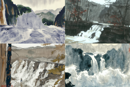 雨天中石山瀑布，全景构图，山峦环绕，水墨晕染风格，青灰色调，长焦镜头，逆光，慢快门，水花冲击，清澈动感。