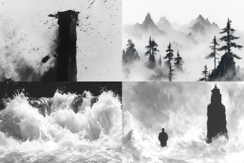 雨天，石山瀑布，冲击，水花，动感，清澈，中国水墨风