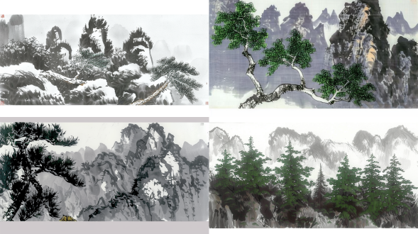 雨天连绵山峰云雾缭绕仙气飘飘，近景树枝，中国水墨山水画风，散点构图，湿润环境，长焦镜头，侧光，淡墨色，宁静。