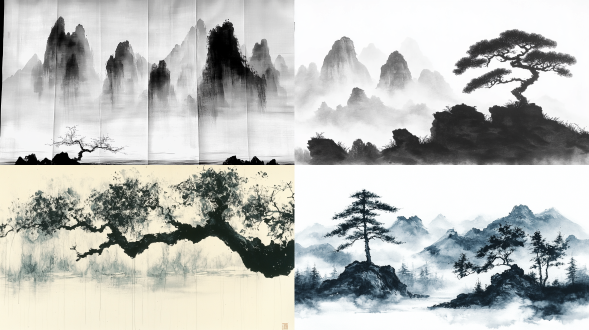 雨天，连绵山峰，云雾缭绕，仙气飘飘，近景有树枝，中国水墨山水画风