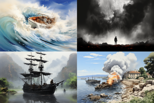 inspired by willem van de velde the younger, ink wash painting, nazare (portugal), panoramic, submarine, launch test, (mist), by mārtiņš krūmiņš, rubble, inspired by jean-baptiste-camille corot, 1997 ), jamaica, mary anning, horizon