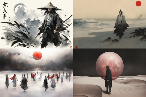 海洋素描，水墨画风，满月埋沙，红日在地平线，黑墨绘纸，35°视角，主角前景着白纱笼，海洋微生物元素，地平线居中，烟雾弥漫，课本页质感，粉日，晕影，黑白照。