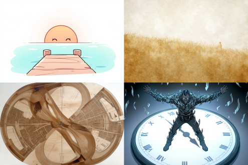 受维贾·塞尔米斯启发，钢笔墨水画，伊比沙岛码头附近，棕色酱汁，插画，清晰地平线，太阳，圣巴巴拉城，漫画格，1:3画幅，神秘岛，表盘，平中性色调，幽微诡异，夏洛特·纳斯米斯风格