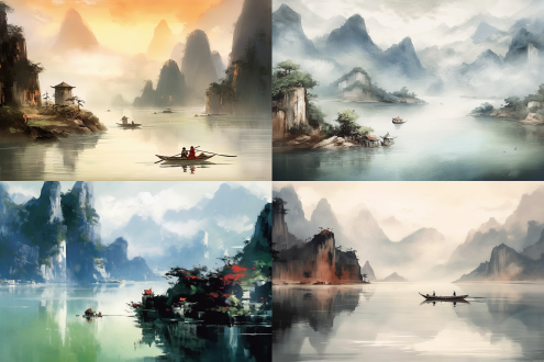 水墨画，峡湾作背景，创意共享署名，笔触细腻，夸张透视，受尚喜启发，舞台背景，地面湿润，配对画作，奇峰林立，白纸，小笔触，低色彩，概念艺术。