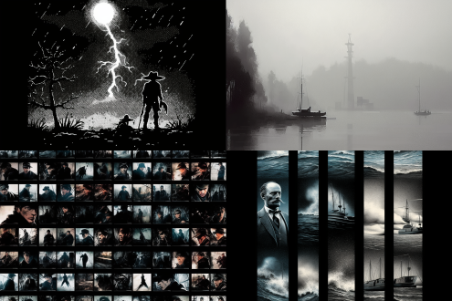 受阿尔弗雷德·沃利斯启发，海盗场景，黑白漫画页，黑绘于白，艺术印象，vtm，海洋背景，巴克莱伯里渡轮，网站横幅，编辑故事，有联系感，雾中，四月，侧光，低调。