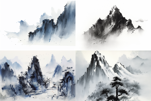 2001年沈周极简风焦油材质水墨插画，雪山主题，笔触生动，展览画册风格，淡色，静谧，特写，平面感。