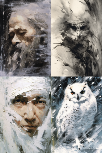 very small brushstrokes, closeup of a snow owls face, white daoist robes, wispy ink horrors, valentin serov style, ashes, one thousand years of longing, trees and cliffs, loosely cropped, hua cheng, loose pages, letterboxing, hugo pratt, superfine inking, lossless, jon kuo