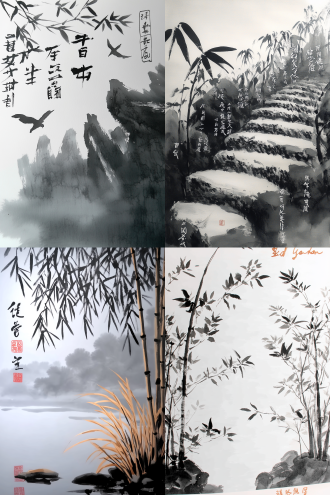 烟雨蒙蒙的竹林，中国水墨写意风格，题词