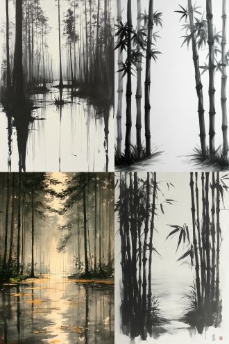 烟雨蒙蒙的竹林，中国水墨写意风格，题词