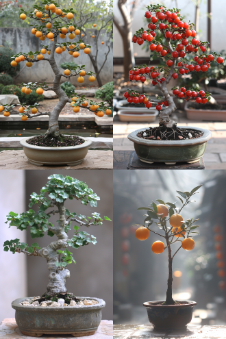 中国风格盆景，罗汉松结果，造型独特，精美陶盆装石，水墨画艺术感，对称构图，户外，长焦镜头，自然光，古朴，淡雅，宁静。