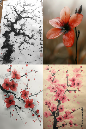 中国风格的梅花，造型独特，水墨画艺术感，题词