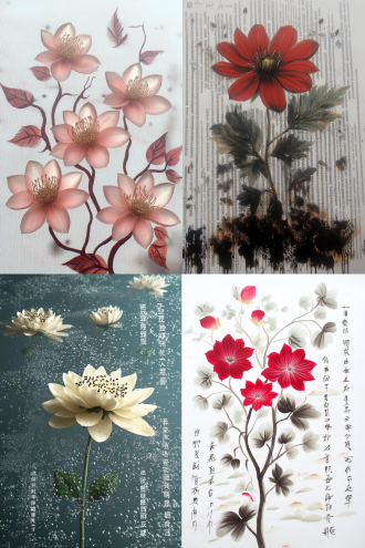 中国风格的大丽菊花，造型独特，水墨画艺术感，题词